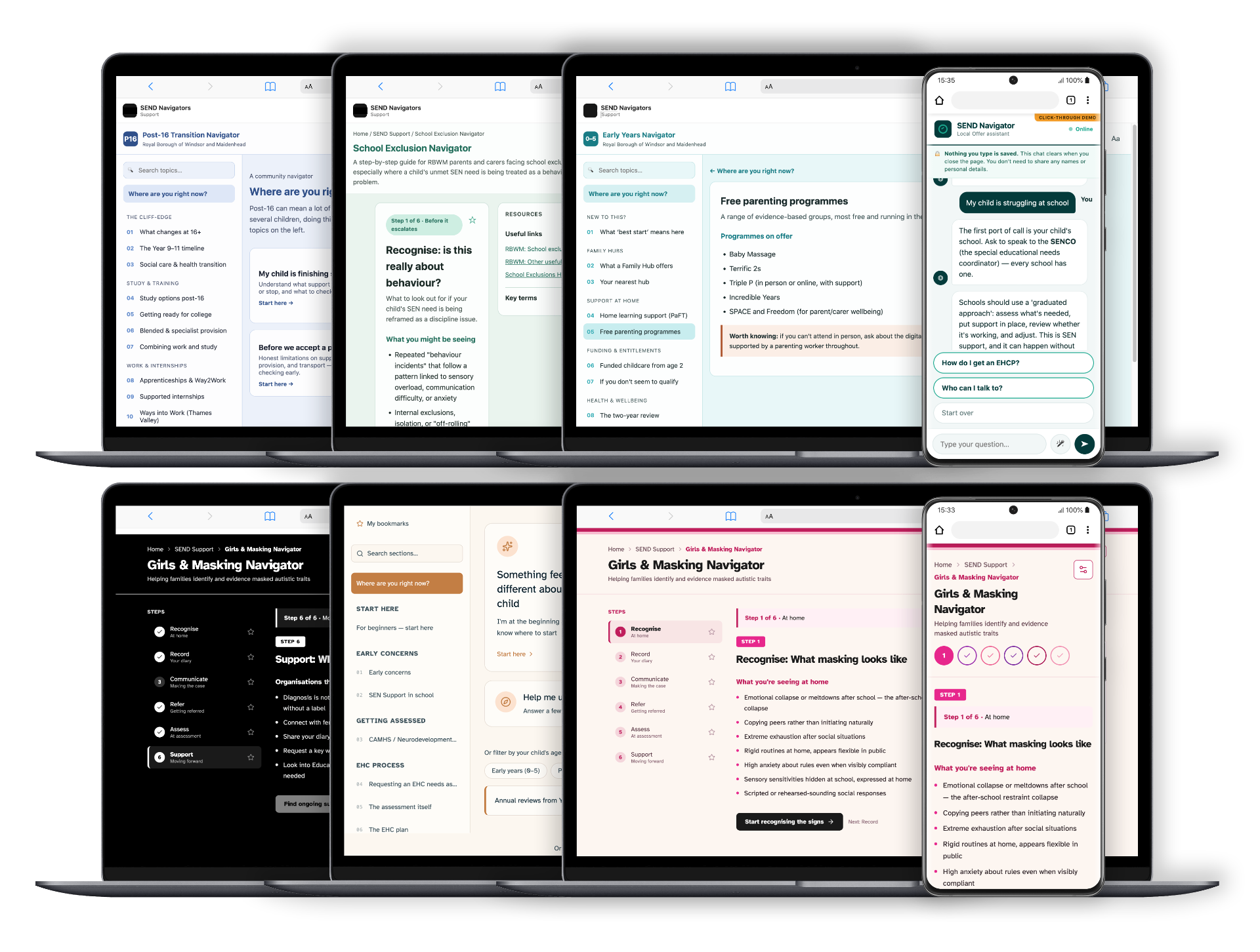 SEND Navigator suite — desktop and mobile views of the accessibility-first navigators