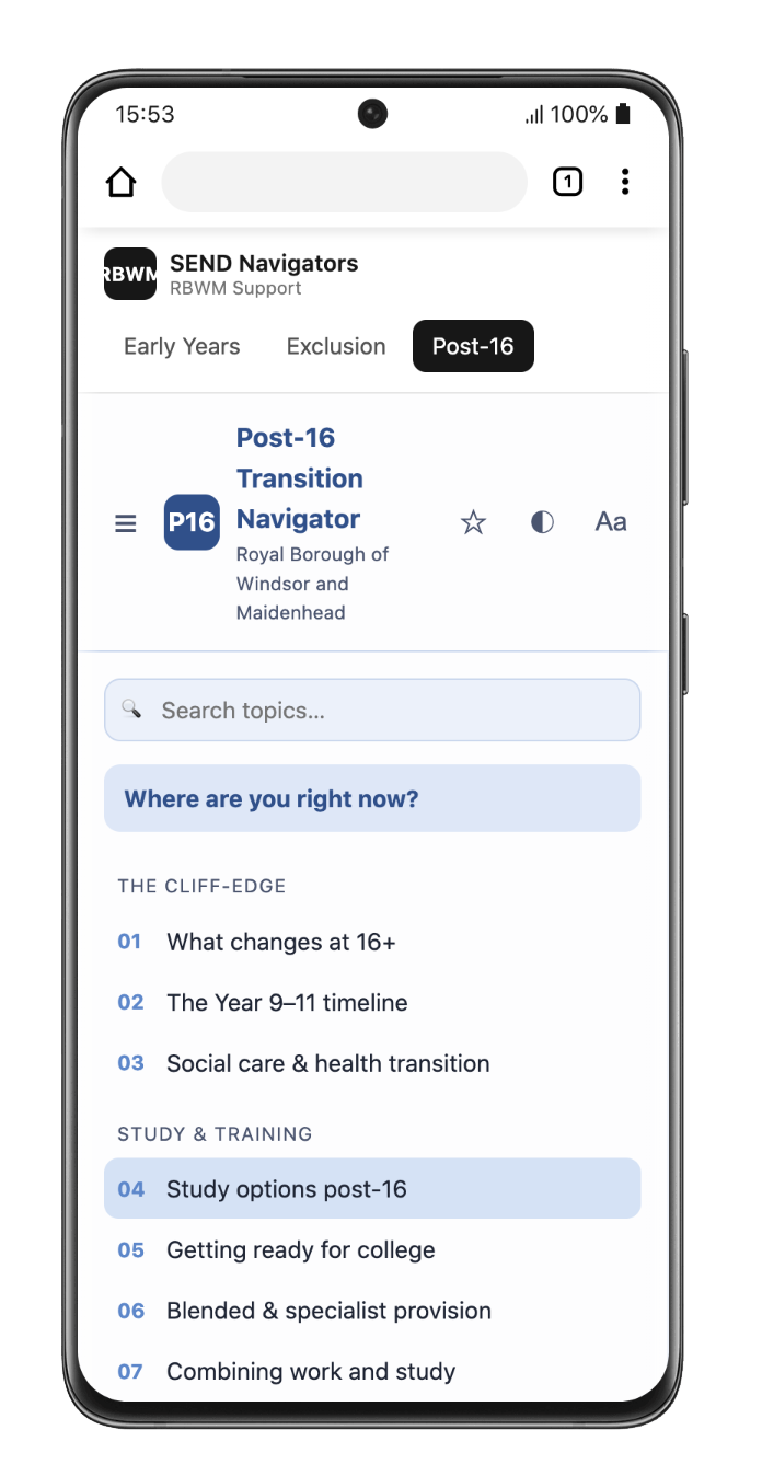 SEND Navigator — Post-16 Transition Navigator, mobile view