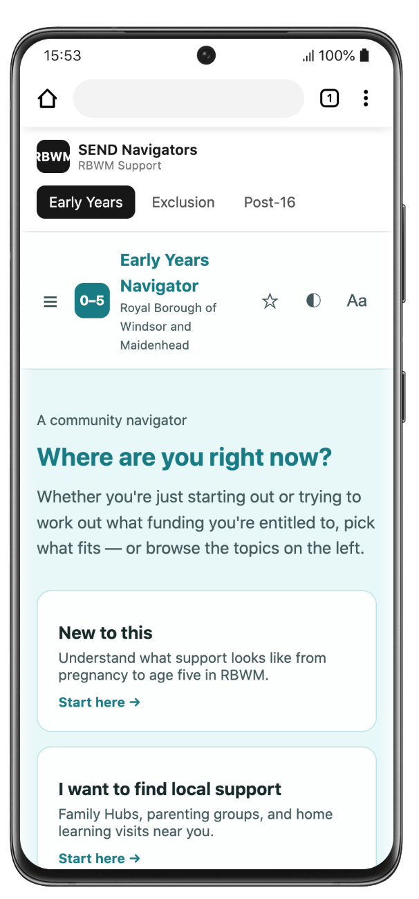 SEND Navigator — Early Years Navigator, mobile view